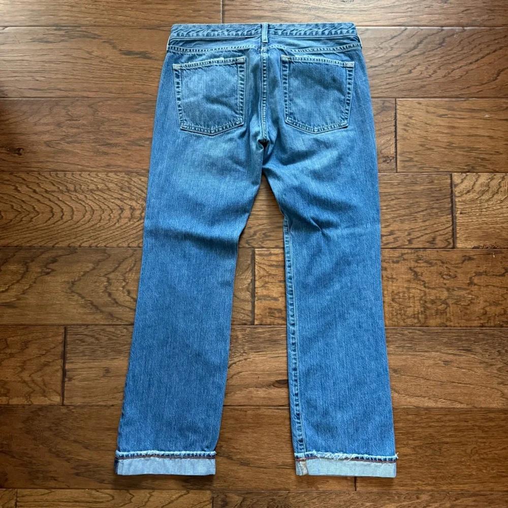 J Crew Vintage Rigid Denim Straight Leg Jeans Red Stitch Cuff Faded Indigo 31x27